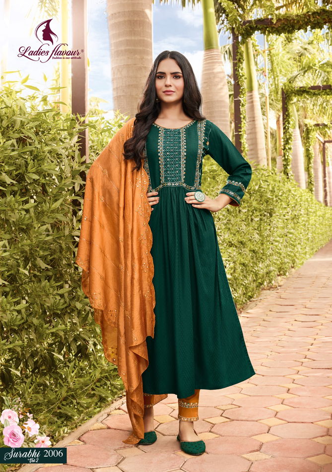 Surabhi Vol 2 By Ladies Flavour Rayon Kurti With Bottom Dupatta Catalog
